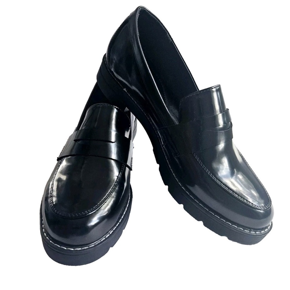 Wide Width Just Fab Danica Glossy Black Loafers with Lug Soles